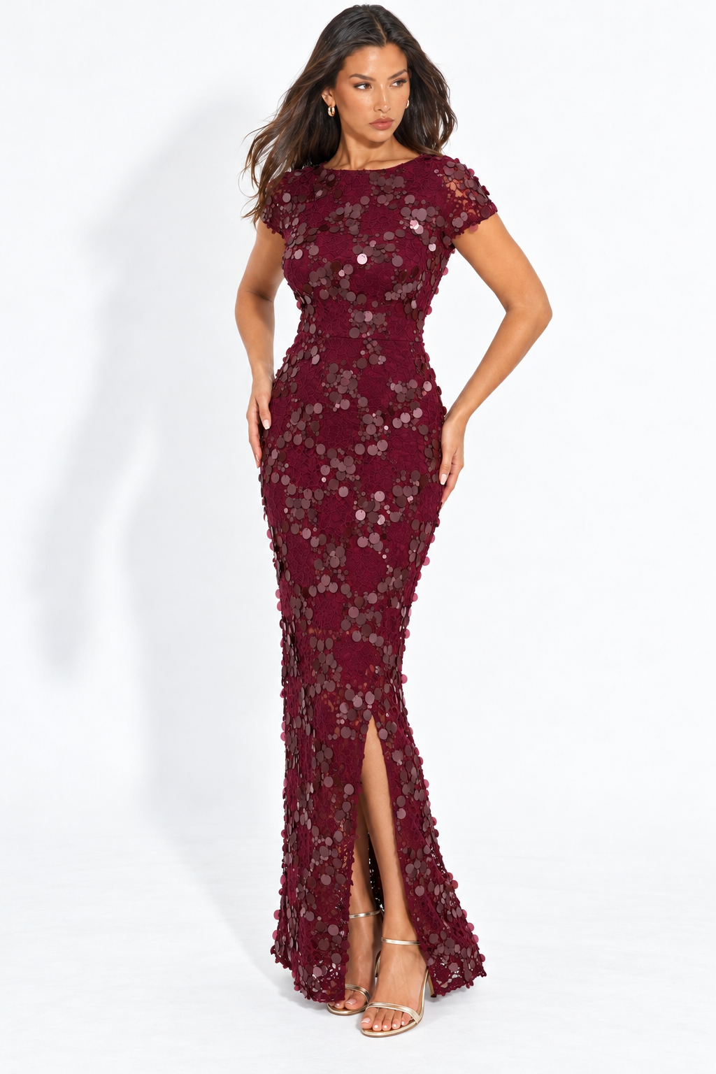 Brianna Burgundy Sequin Lace Maxi Dress