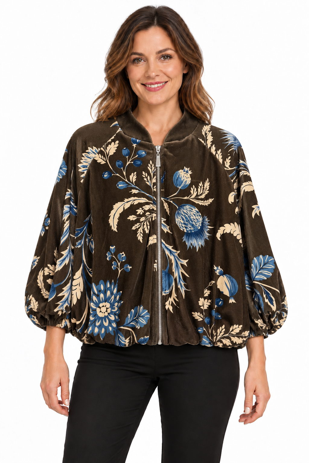 Kyla Brown & Blue Botanical Print Zip Jacket