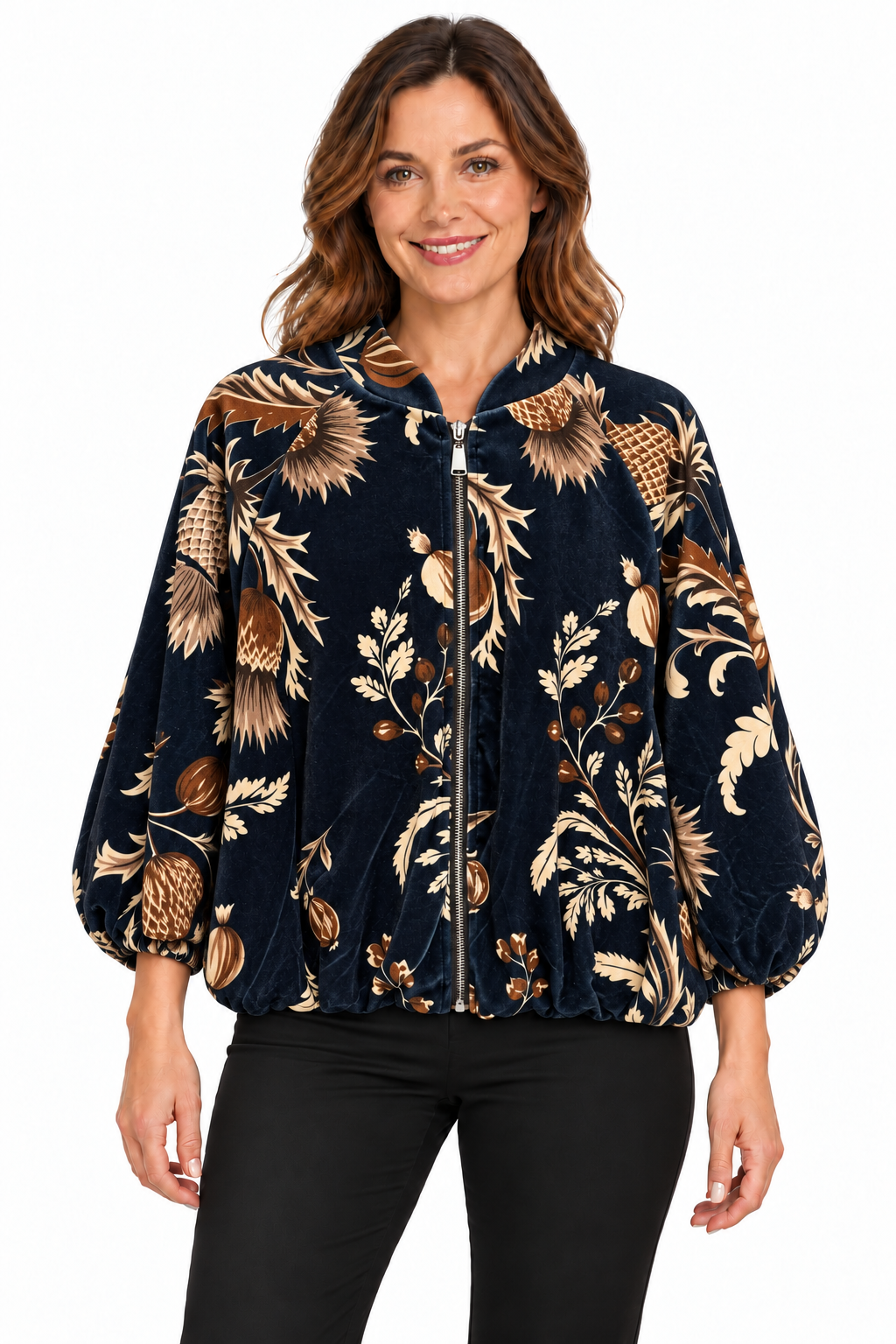 Navy Botanical Velvet Zip Jacket