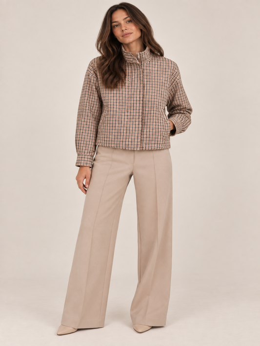 LIL JEN FUNNEL NECK COTSWOLDS JACKET IN BEIGE CHECK