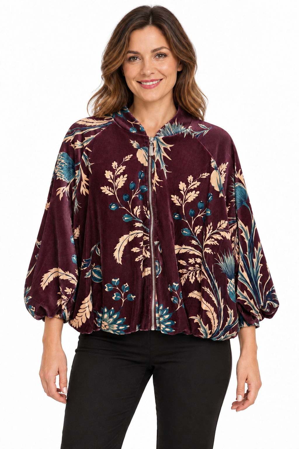 Kyla Burgundy Botanical Print Zip Jacket