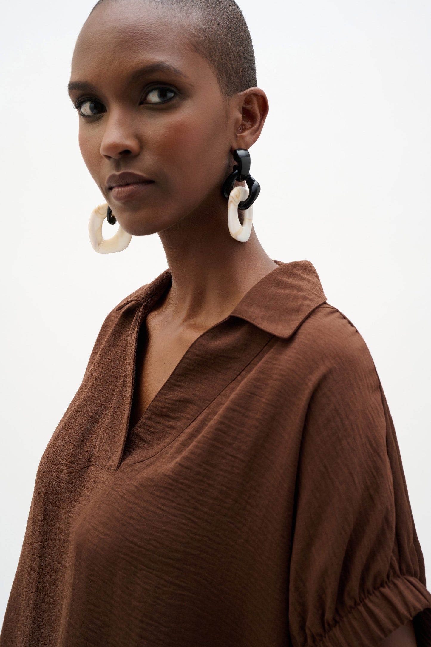 JOSEPH RIBKOFF 262078 Woven Gauze Boxy Top With Shirred Sleeves