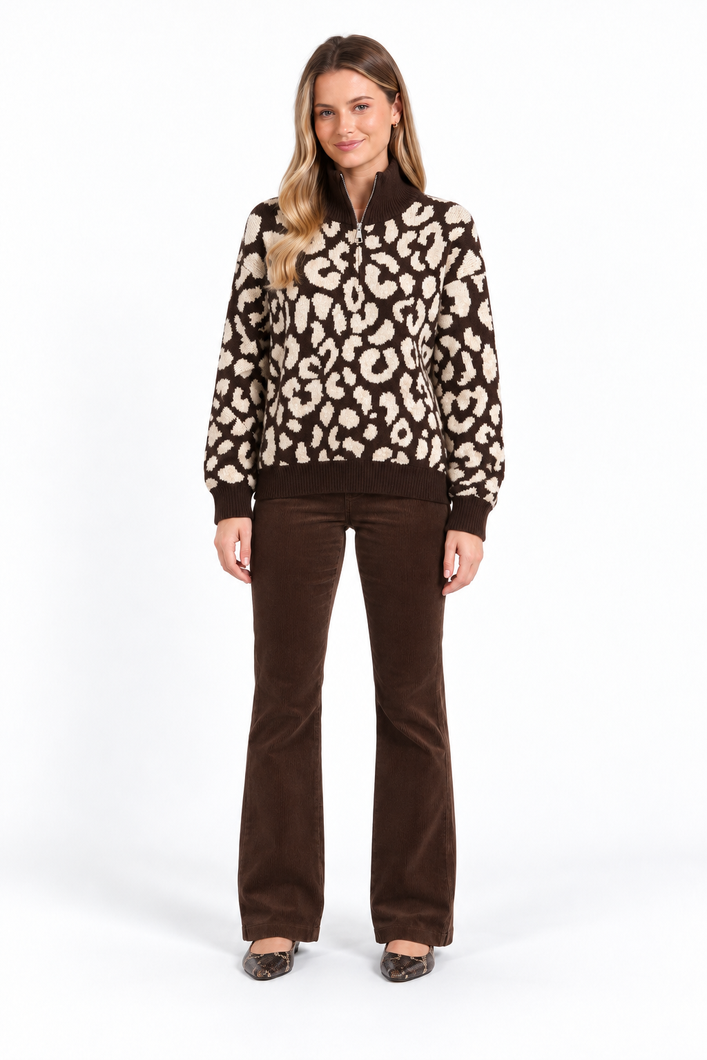 Brown & Cream Leopard‑Print Zip‑Neck Jumper f3052