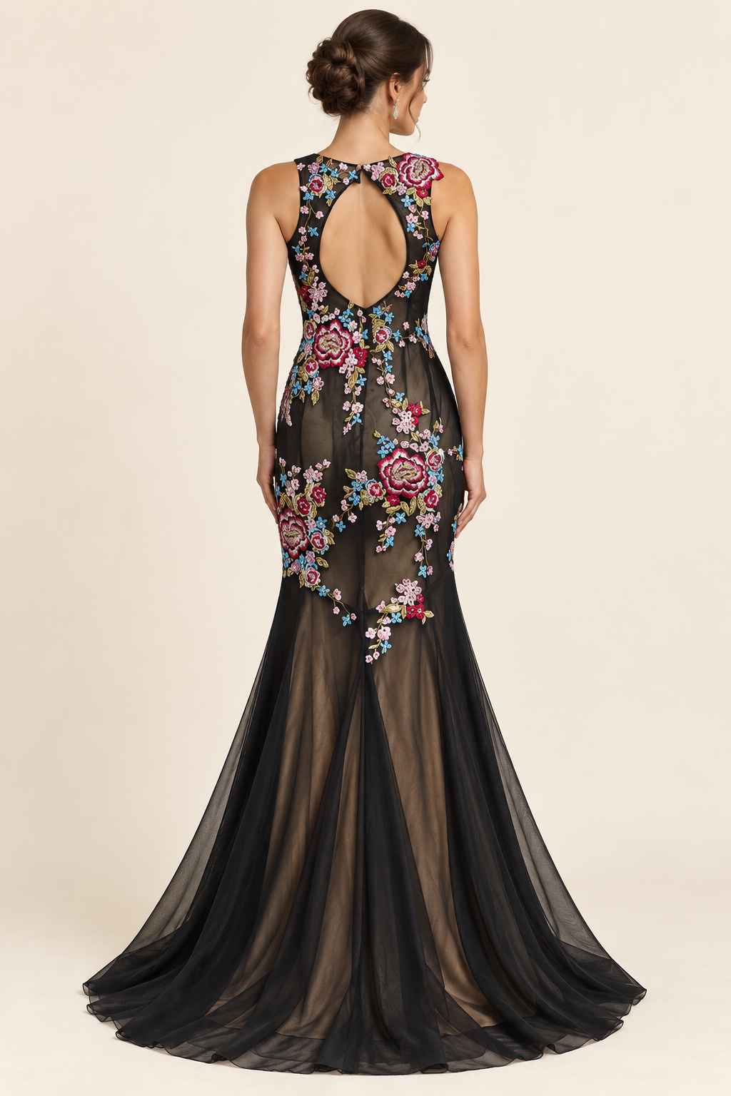 Lore Black Floral Embroidered Fishtail Gown