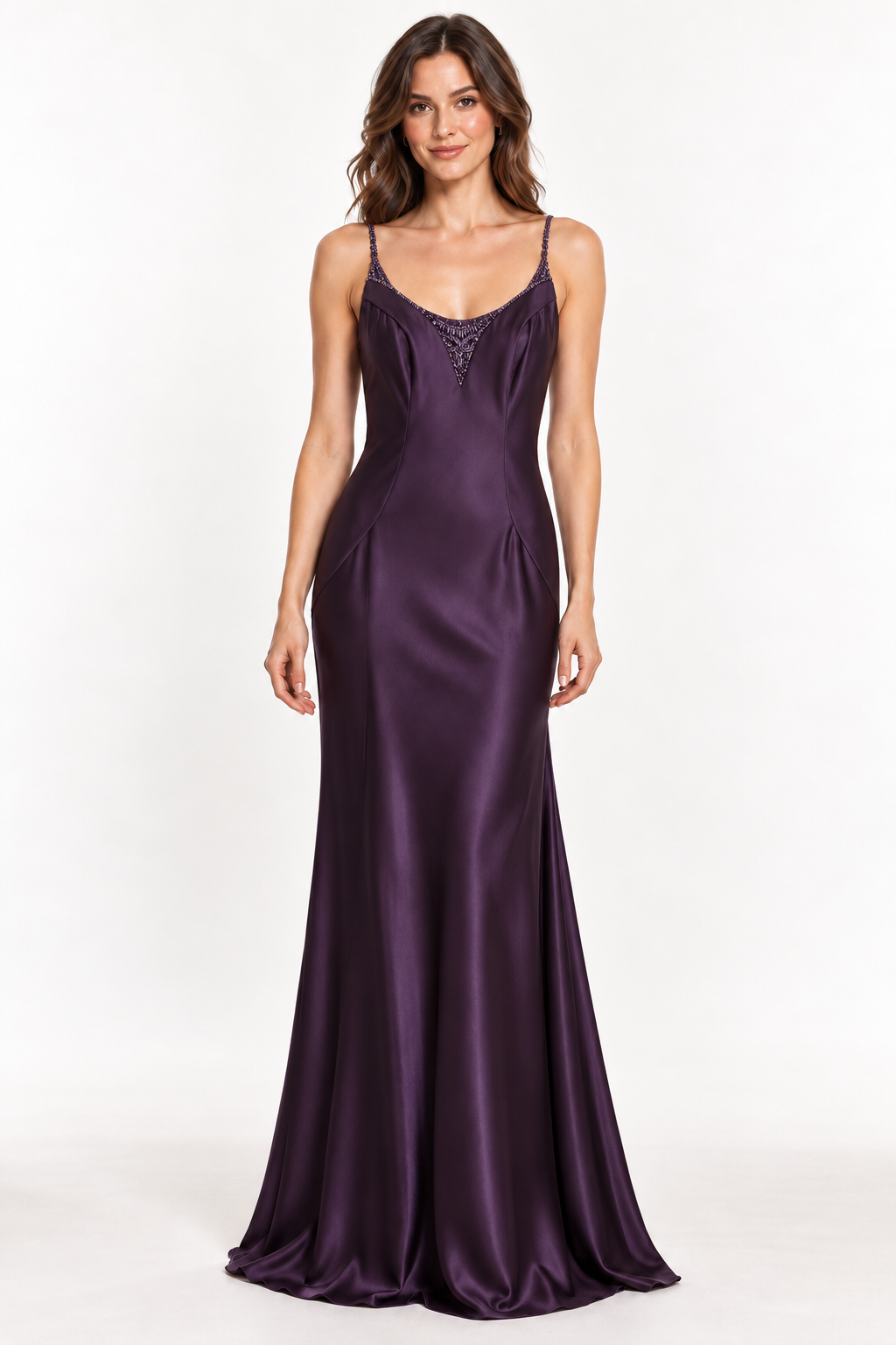 Dynasty Aubergine Beaded Evening Gown