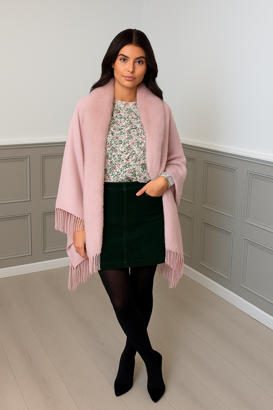 Soft pink Luxury Faux Fur Trim Cape