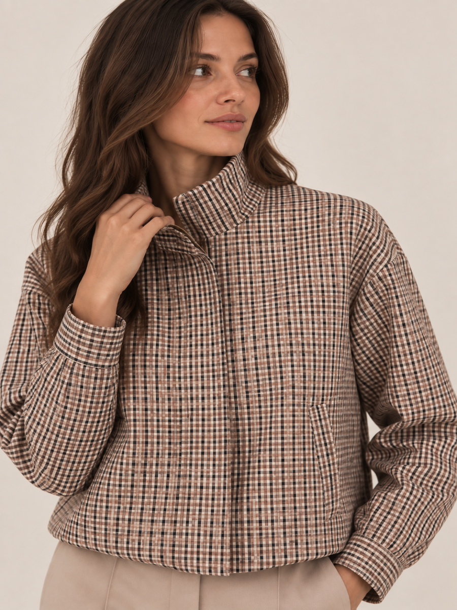 LIL JEN FUNNEL NECK COTSWOLDS JACKET IN BEIGE CHECK