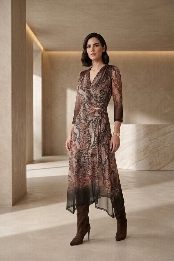 Frank Lyman 263413 Brown Snake Print Asymmetric Mesh Dress