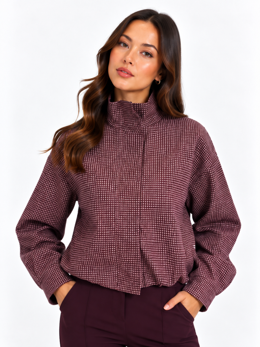 LIL JEN FUNNEL NECK COTSWOLDS JACKET IN MULBERRY CHECK
