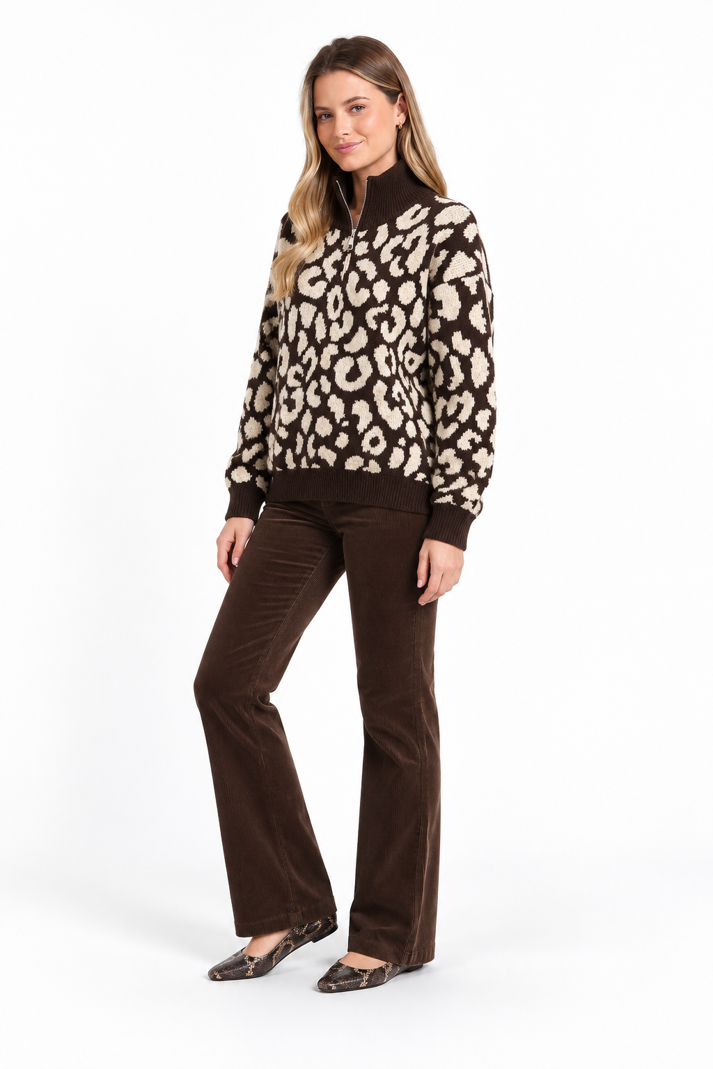 Brown & Cream Leopard‑Print Zip‑Neck Jumper f3052