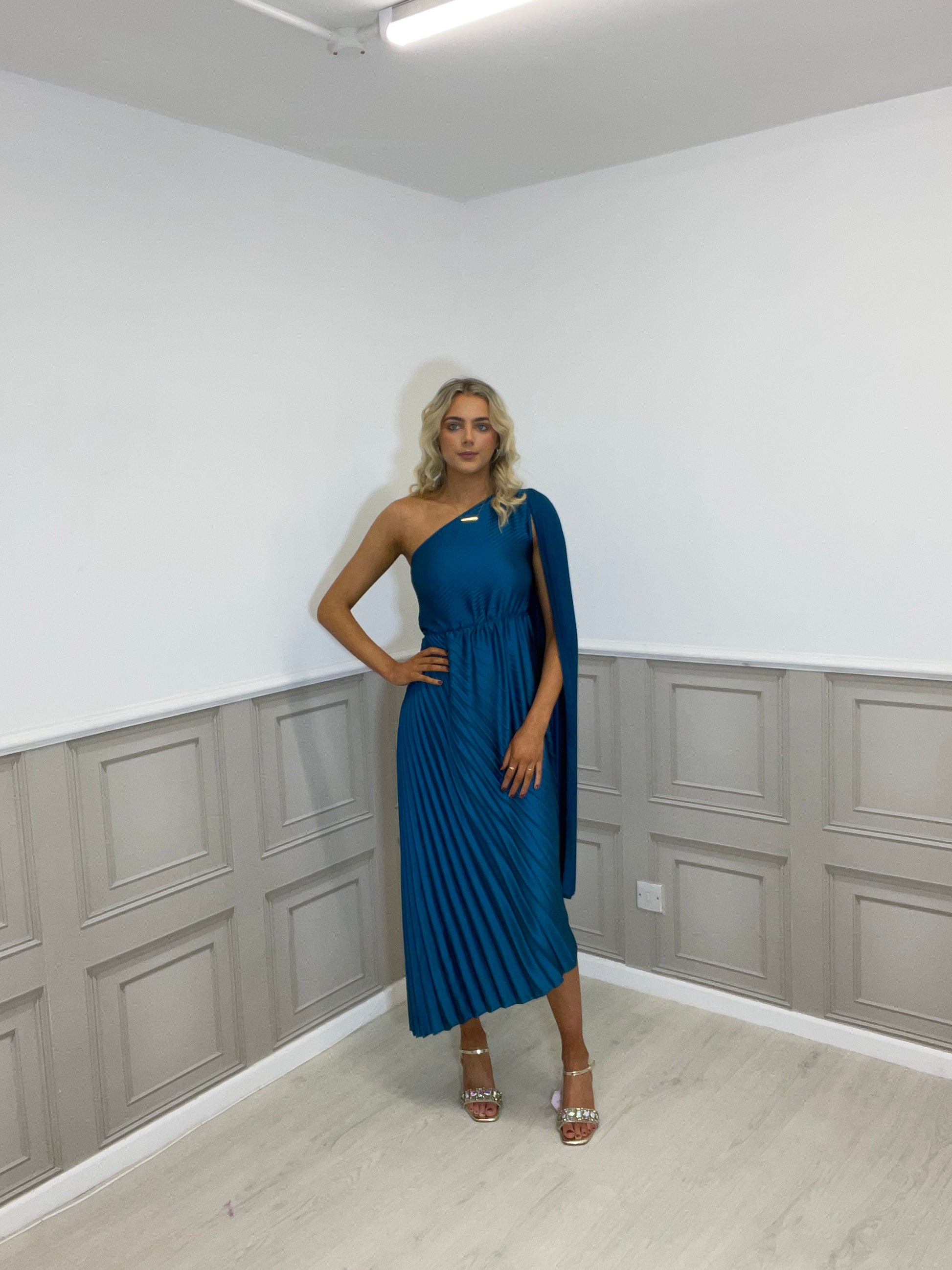 one shoulder dress teal Emma One Shoulder Midi Dress