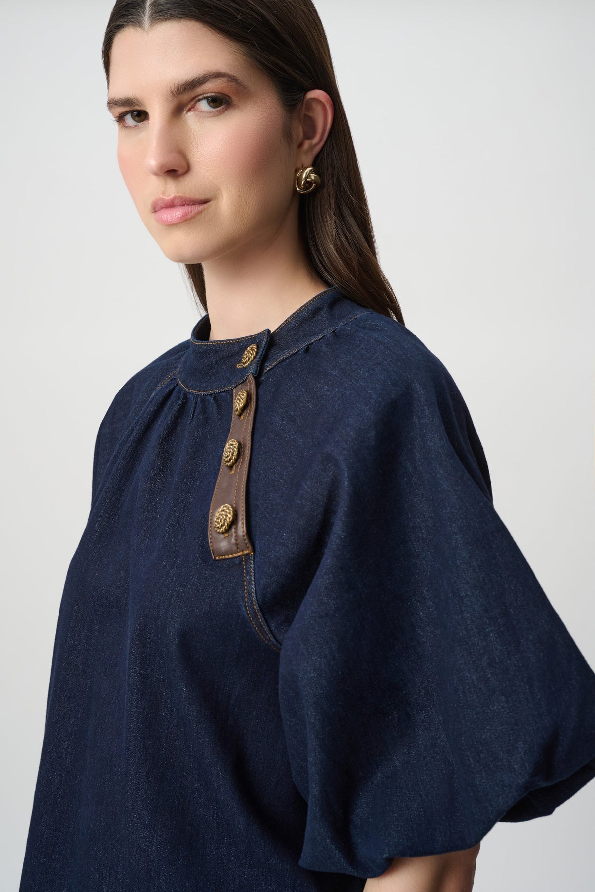 Featherweave Balloon-Sleeve Denim Top 264962