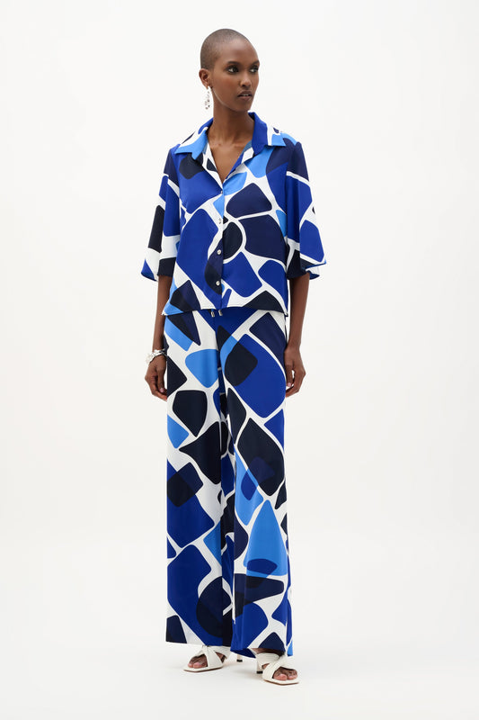 JOSEPH RIBKOFF 262154 Recycled Woven Geometric Print Straight Blouse