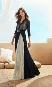 Marfil by Rosa Clara full length gown with train. In navy with contrast cream pleated insert in skirt and 3/4 sleeve 3J150