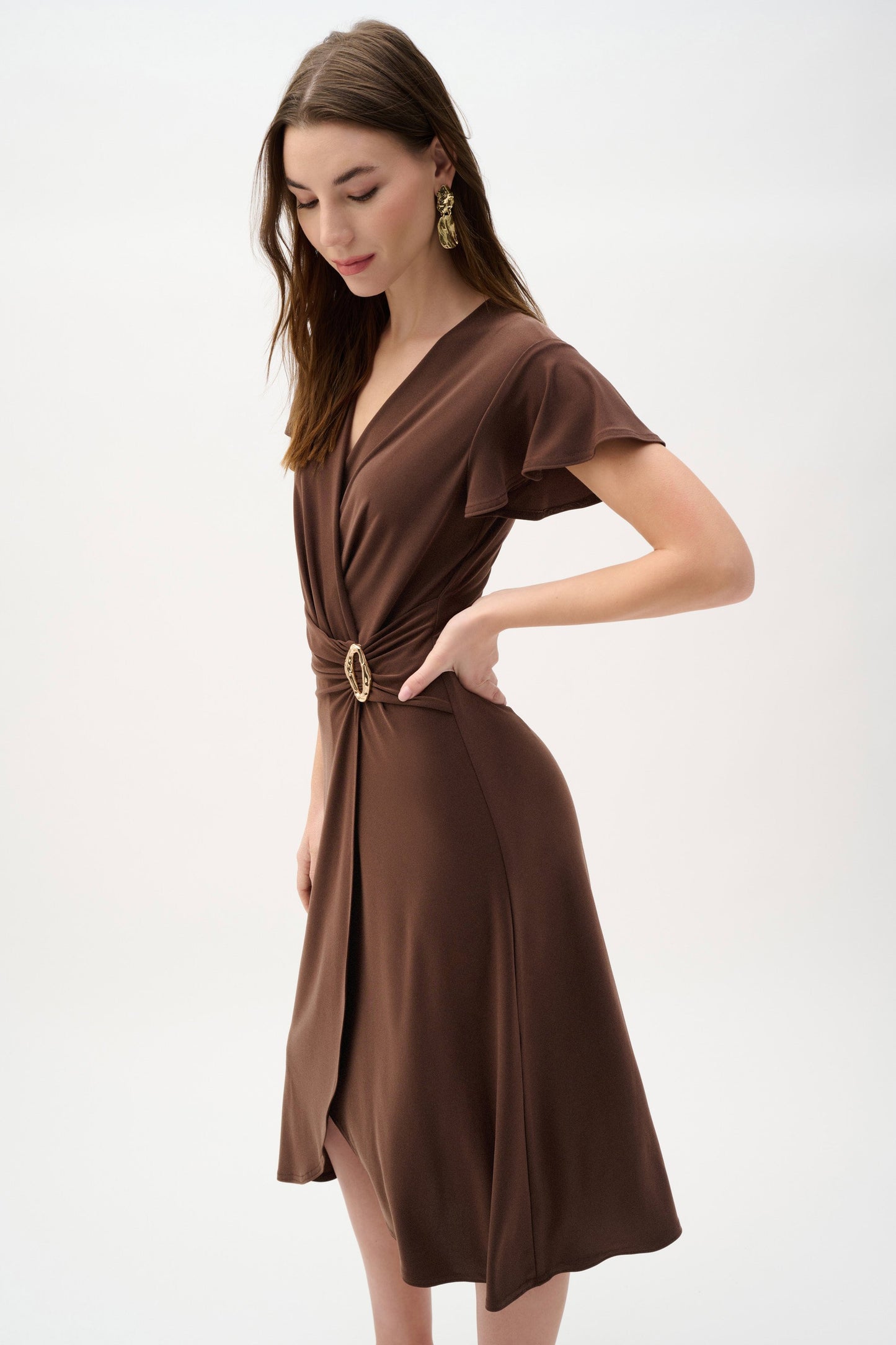 JOSEPH RIBKOFF 262140 Silky Knit Wrap Dress With Ruffled Sleeves