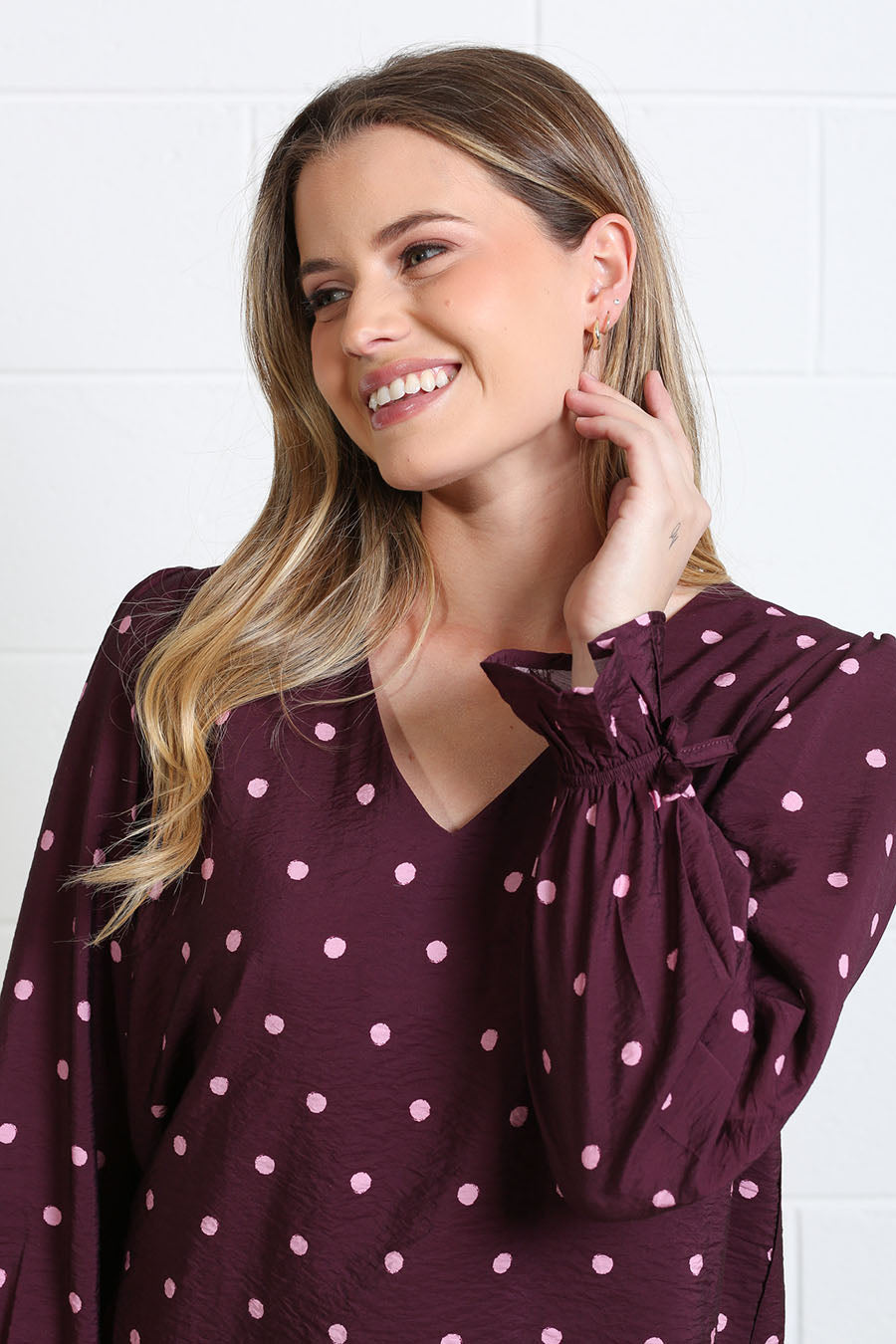 Rant and Rave Sophia Top Burgundy Dot