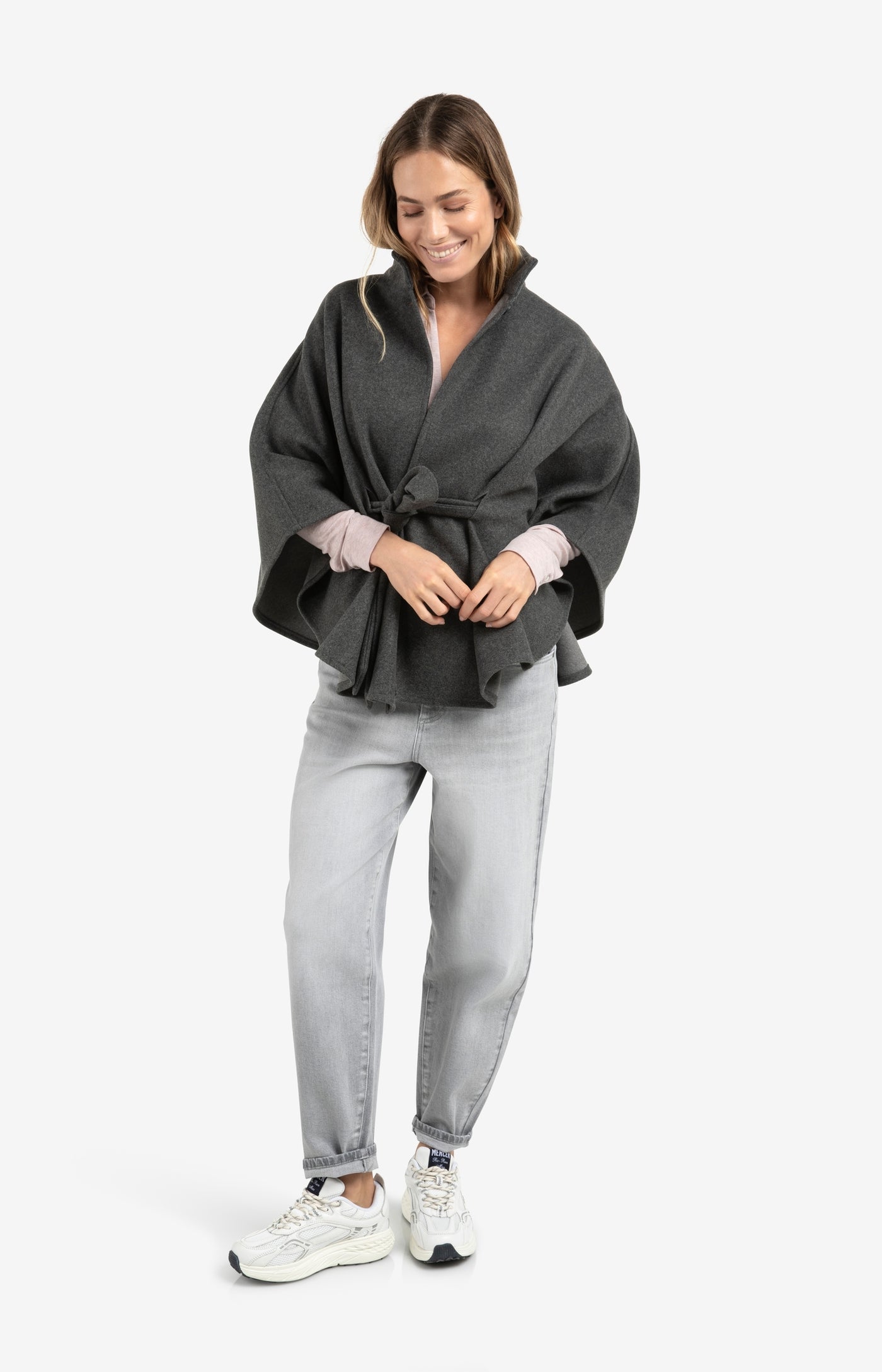 YAYA soft woven poncho with collar and belt in dark night grey melange
