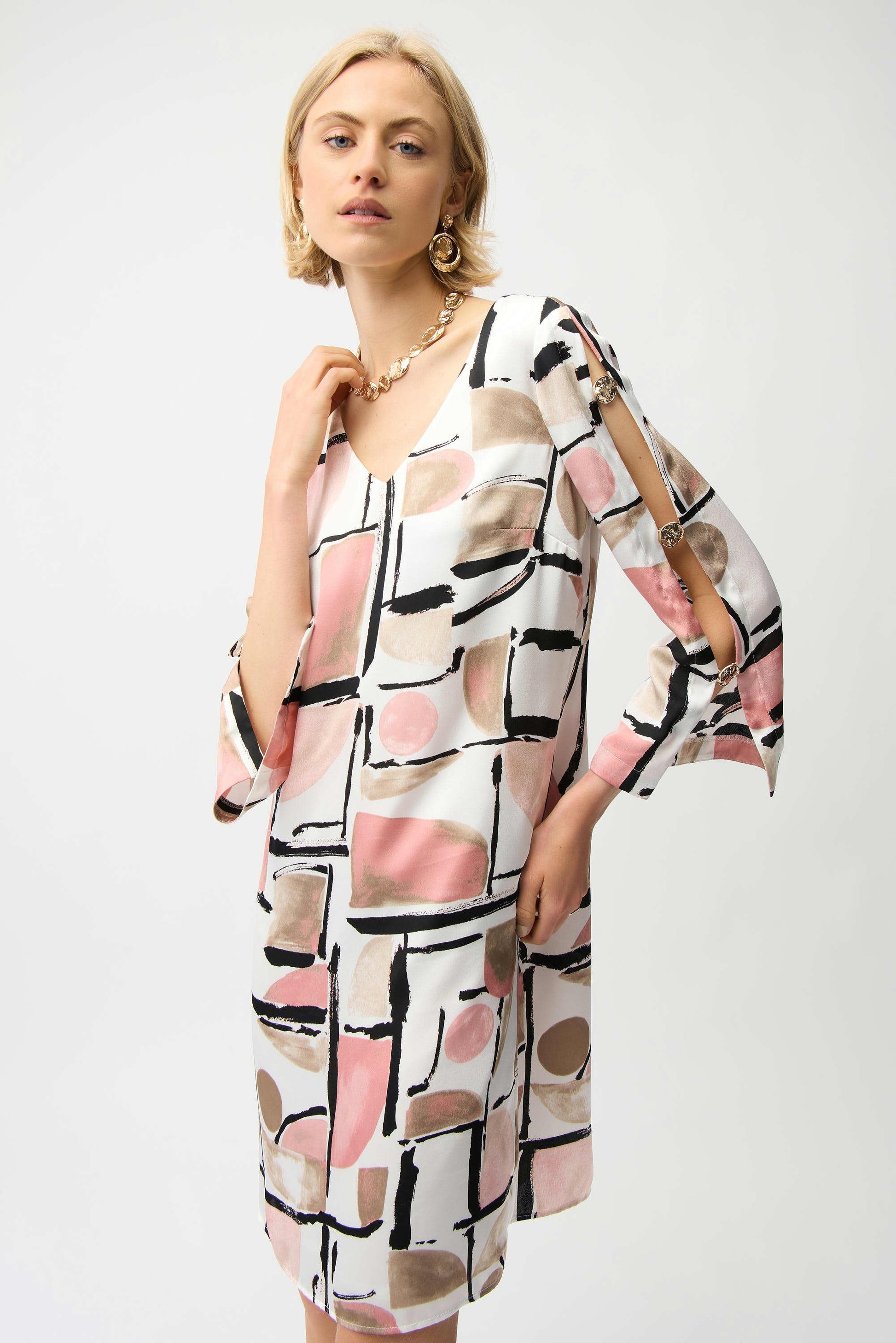 Recycled Satin Abstract Print Trapeze Dress With Gold Detail 261258 Jo Gasp Boutique Recycled Satin Abstract Print Trapeze Dress With Gold Detail 261258 Jo Gasp Boutique