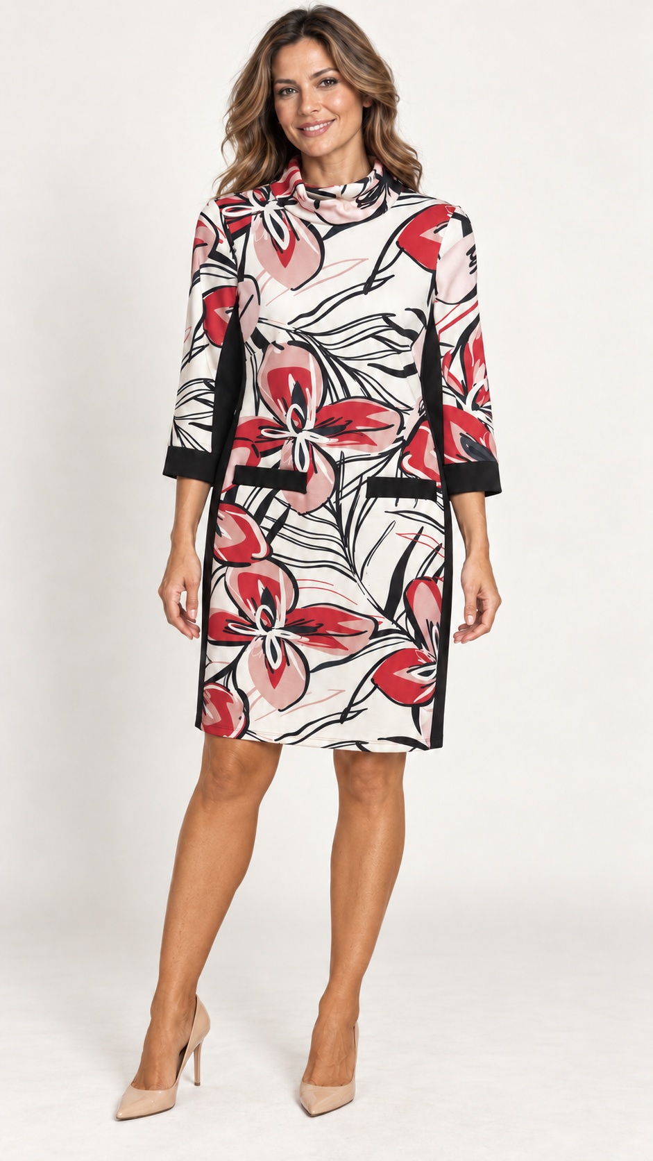 Floral Print Shift Dress with Black Trim