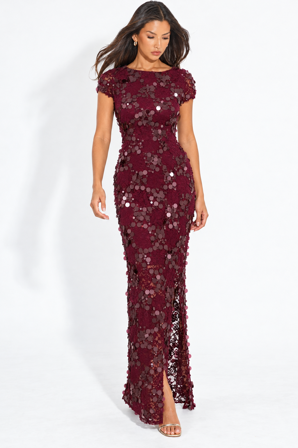 Brianna Burgundy Sequin Lace Maxi Dress