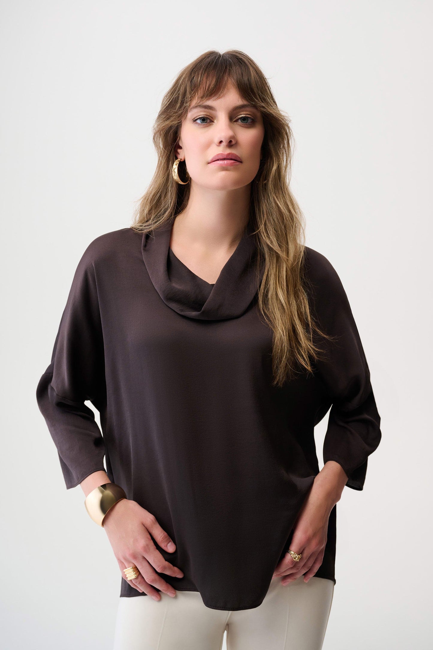 JOSEPH RIBKOFF 254217 Recycled Satin Boxy Tunic with Cowl Collar in mocha