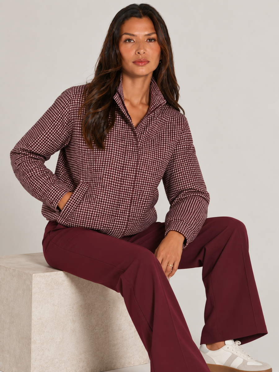 LIL JEN FUNNEL NECK COTSWOLDS JACKET IN MULBERRY CHECK