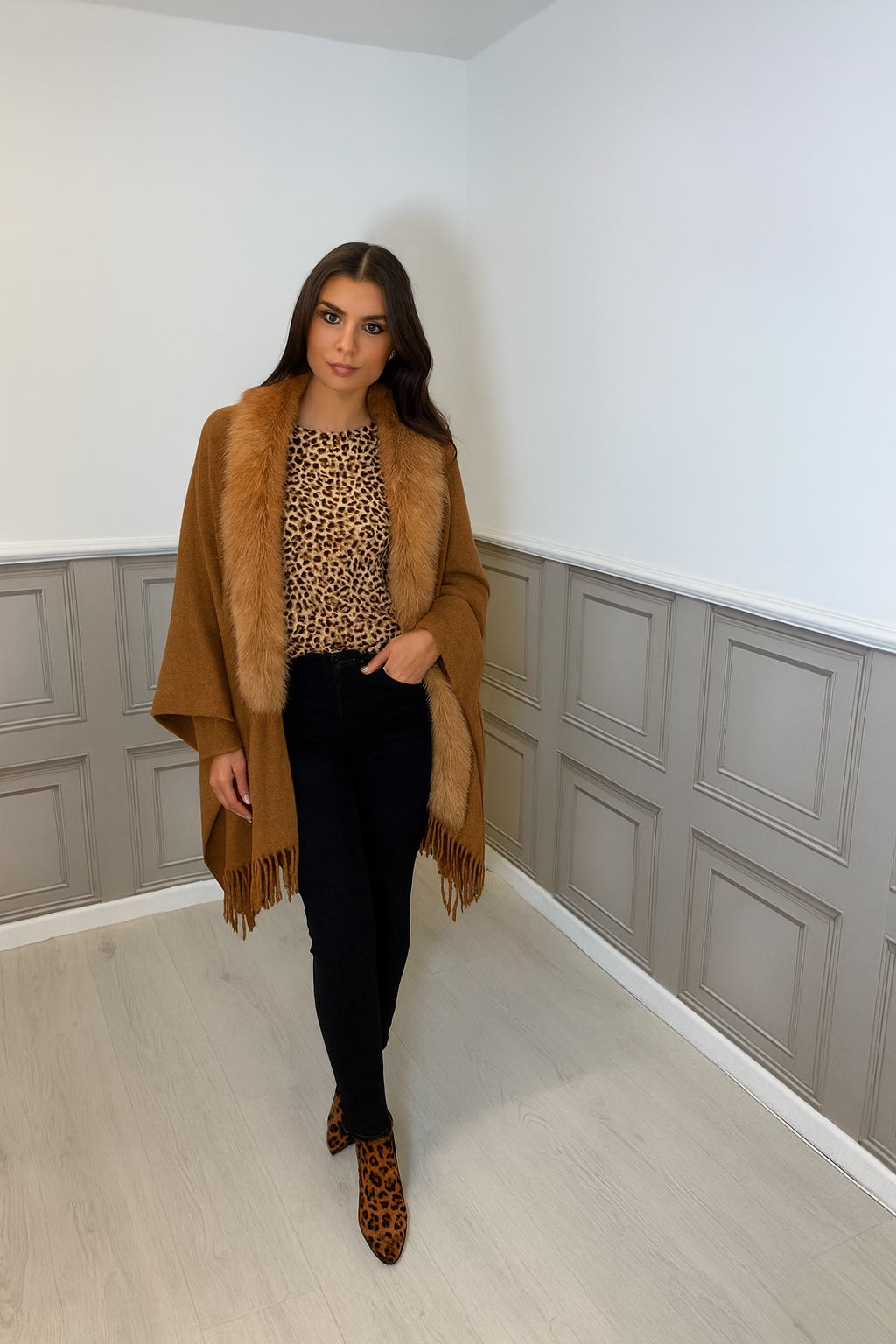 Tan Luxury Faux Fur Trim Cape