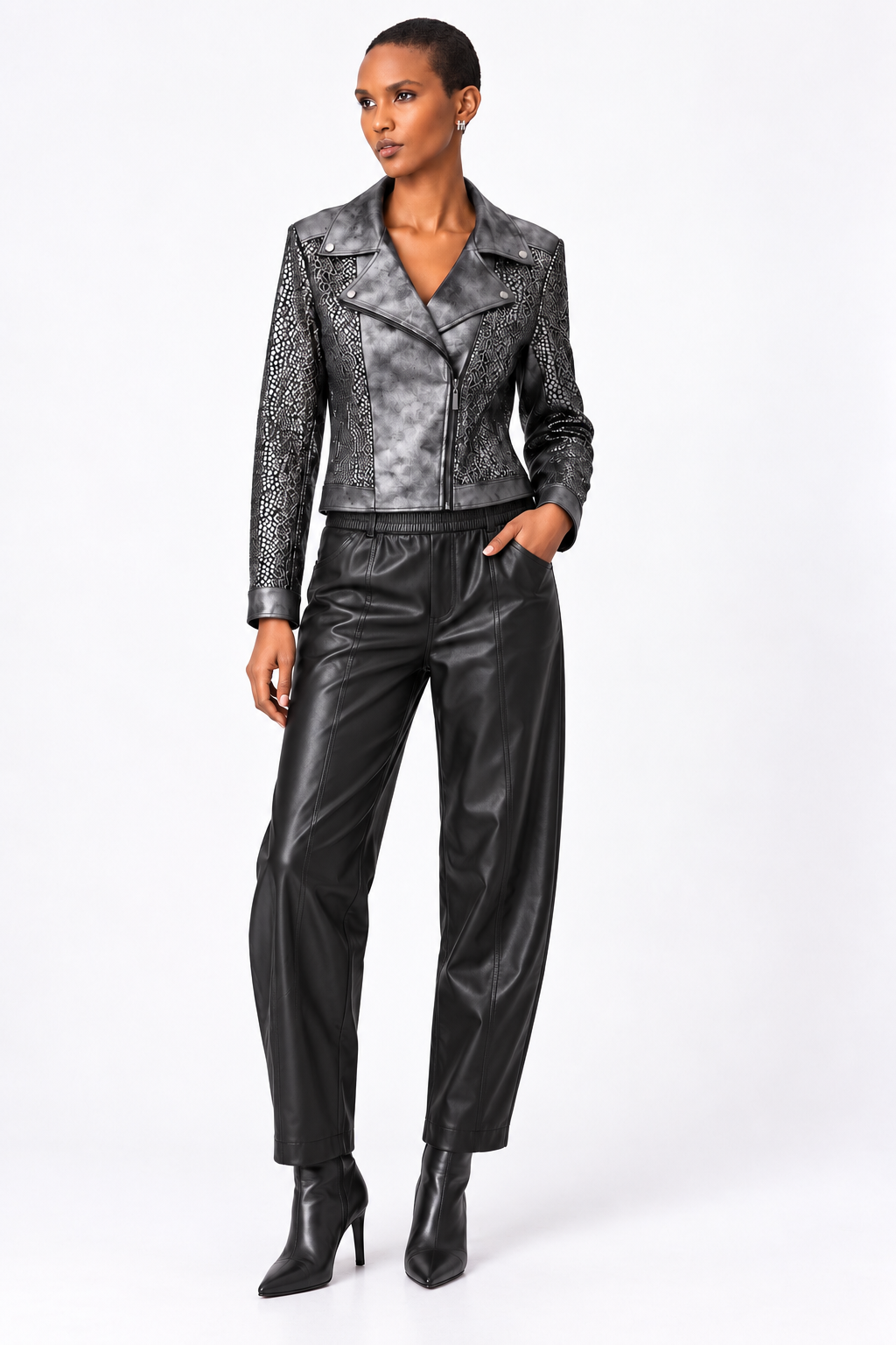 Black Faux Leather Pull-On Barrel Trousers