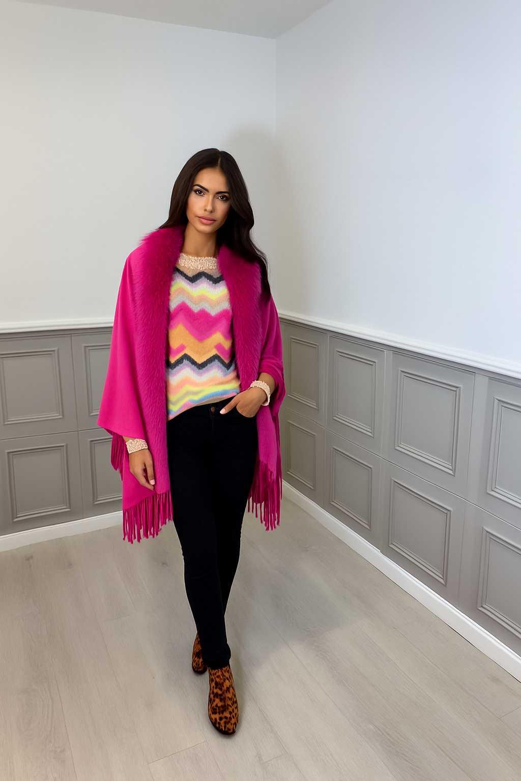 Fushia Luxury Faux Fur Trim Cape