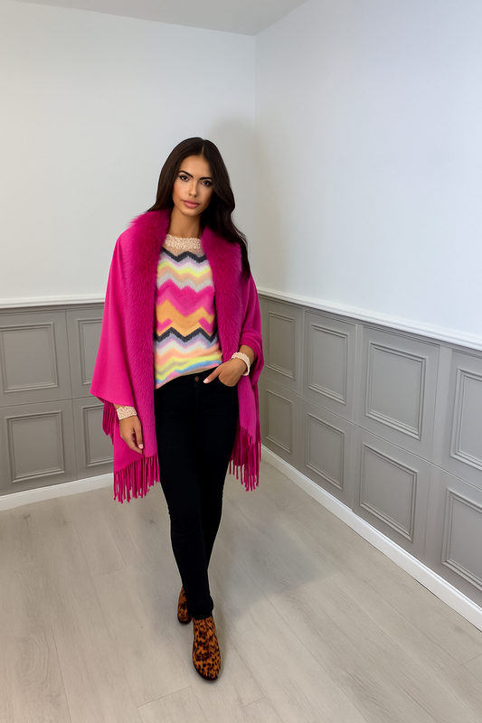 Fushia Luxury Faux Fur Trim Cape