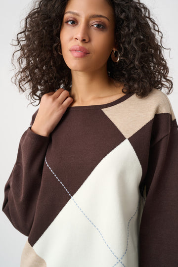 JOSEPH RIBKOFF BRUSHED VISCOSE KNIT ARGYLE PATTERN CREWNECK SWEATER STYLE 263948
