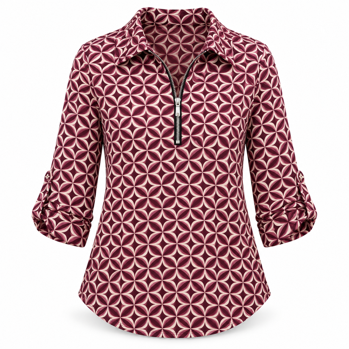 Yew Geometric Print Zip-Neck Top – Burgundy & Cream