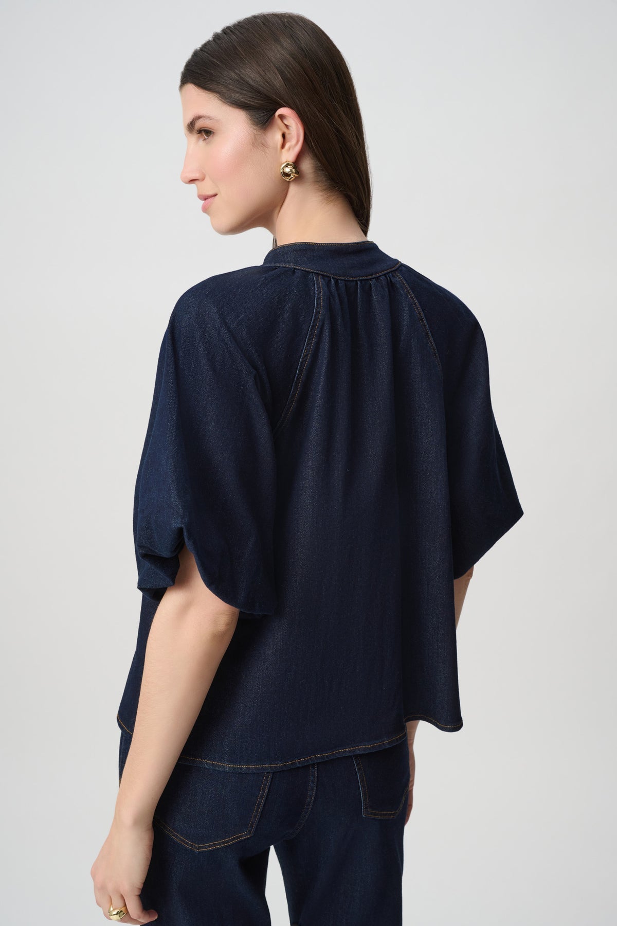 Featherweave Balloon-Sleeve Denim Top 264962