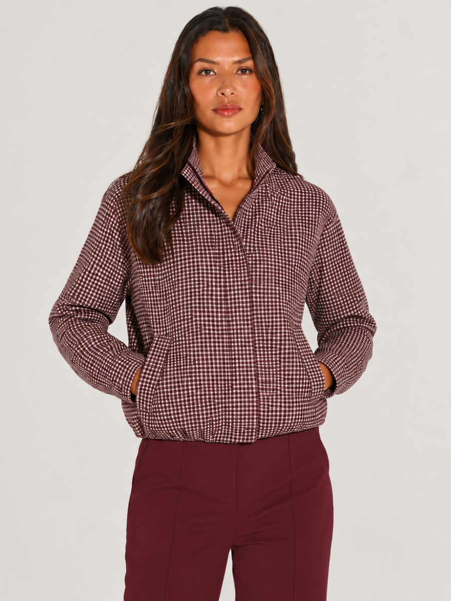 LIL JEN FUNNEL NECK COTSWOLDS JACKET IN MULBERRY CHECK