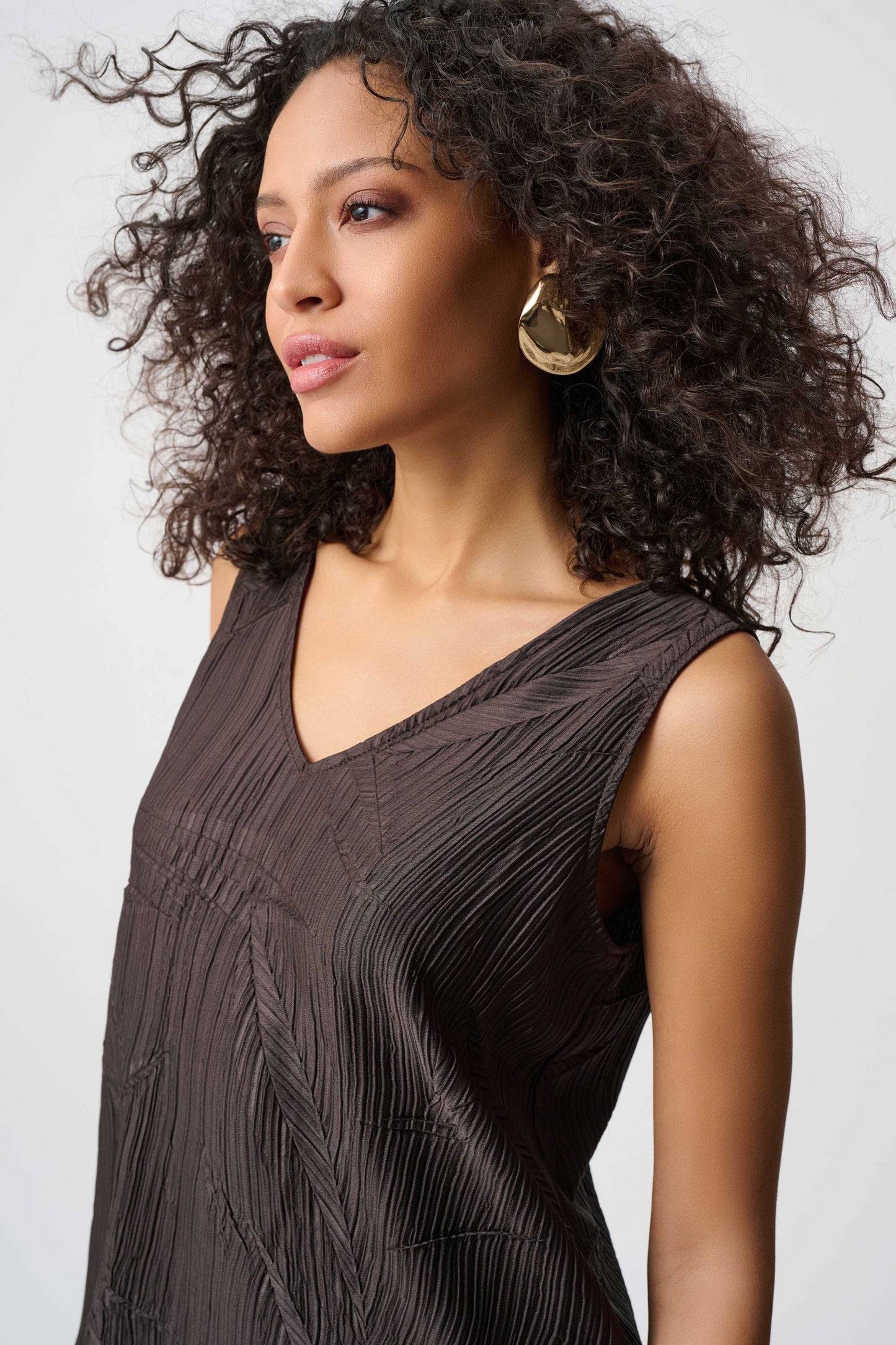 JOSEPH RIBKOFF Pleated Satin Flared V-Neck Top 263051