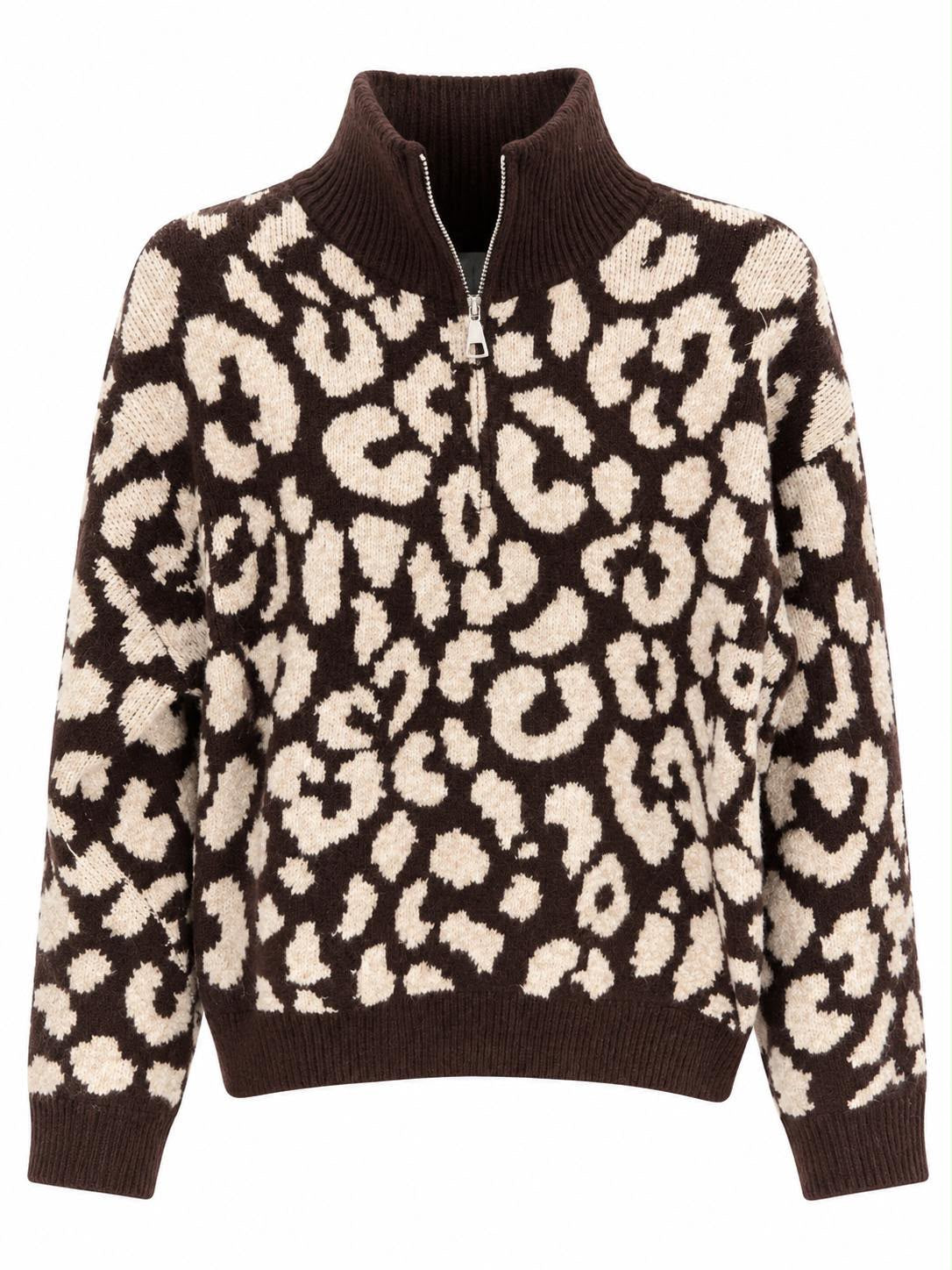 Brown & Cream Leopard‑Print Zip‑Neck Jumper f3052