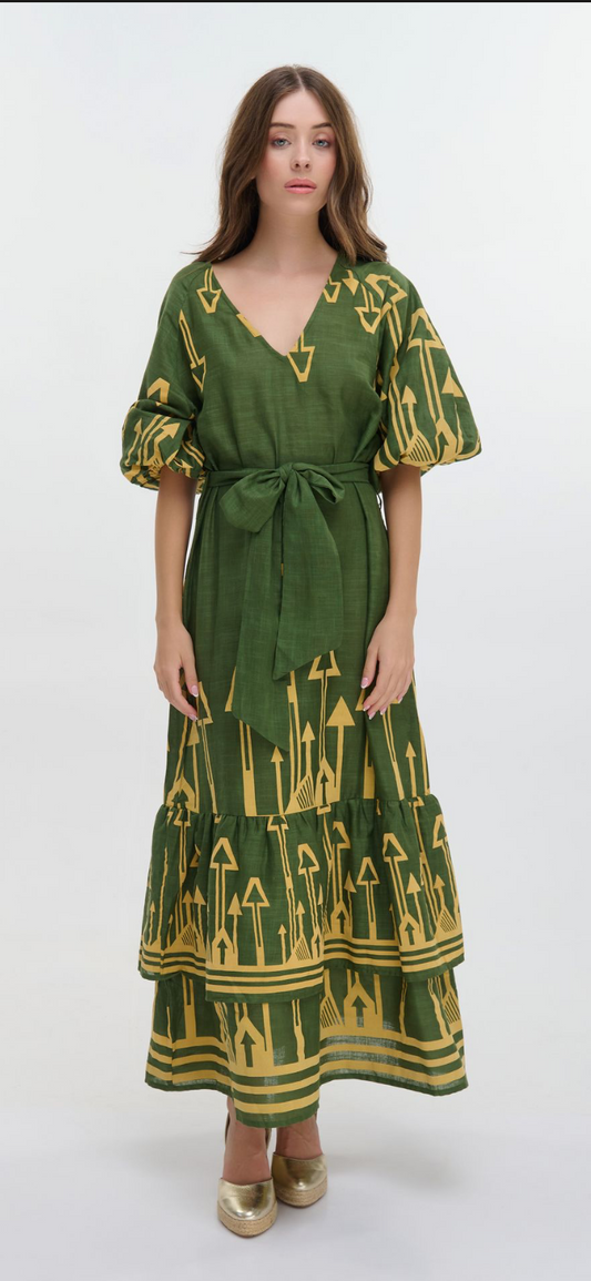 Ble 0087 green and yellow holiday maxi dress
