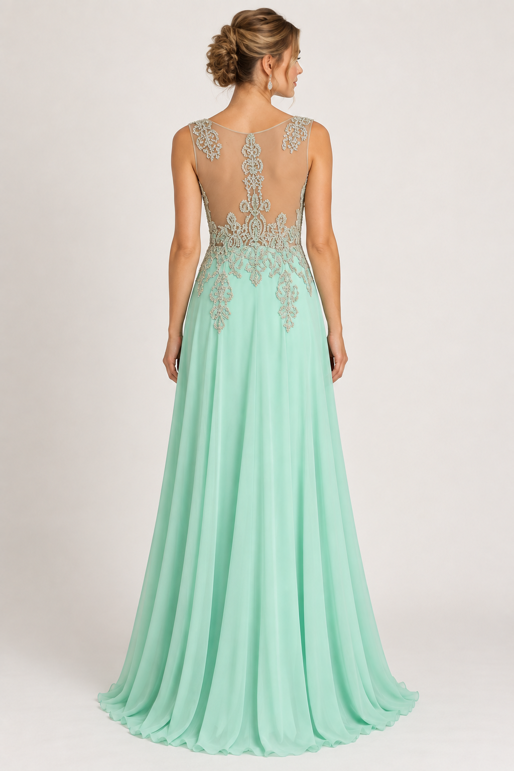 Lore Mint Green Embellished Illusion Neckline Gown