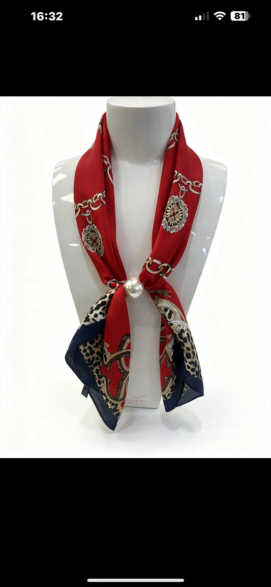 Leona Red Chain Leopard Print Square Scarf.