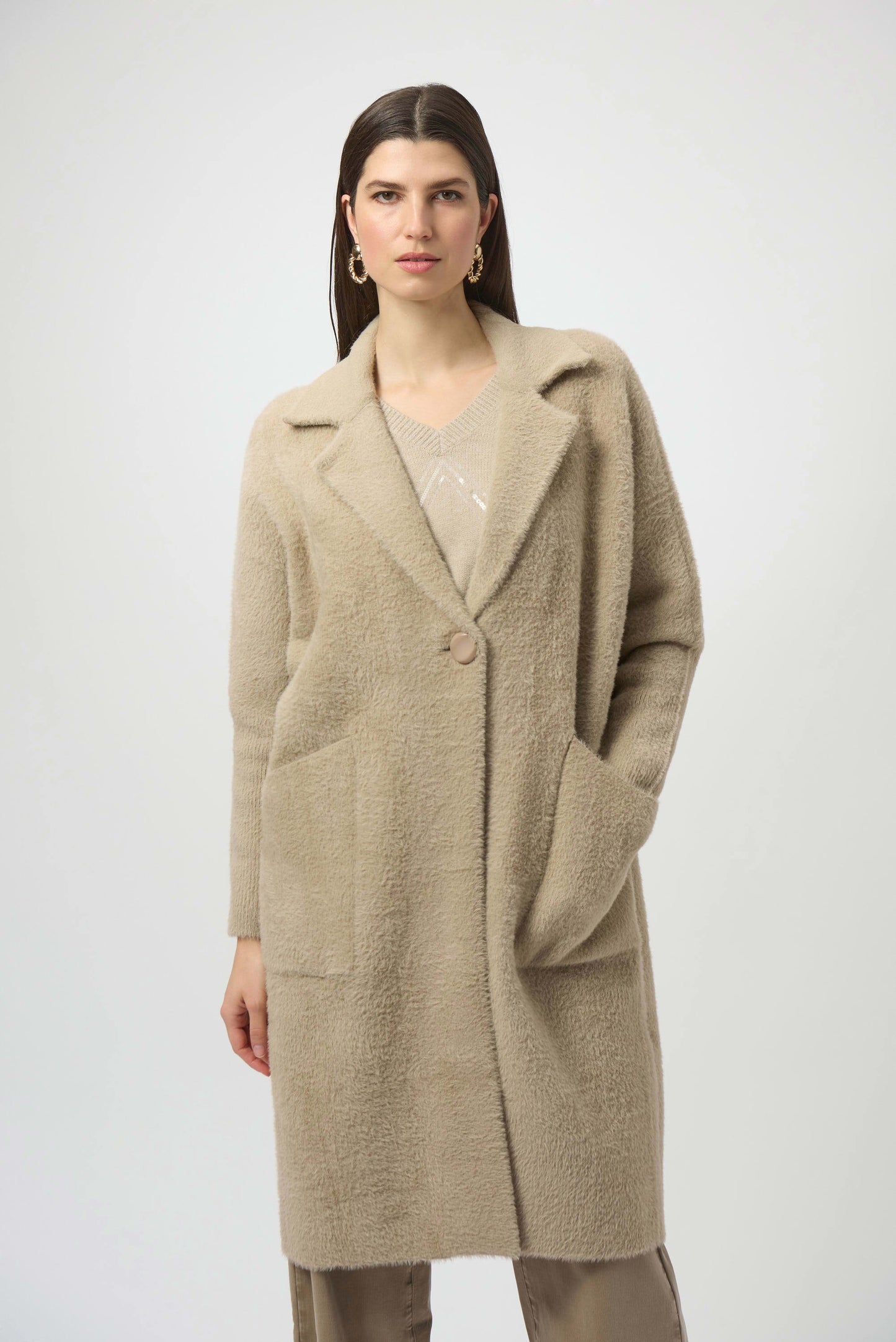 JOESPH RIBKOFF Feather Yarn and Faux Fur Sweater Coat