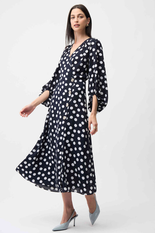 JOSEPH RIBKOFF 261901 Georgette Dot Print Wrap Dress With Puff Sleeves