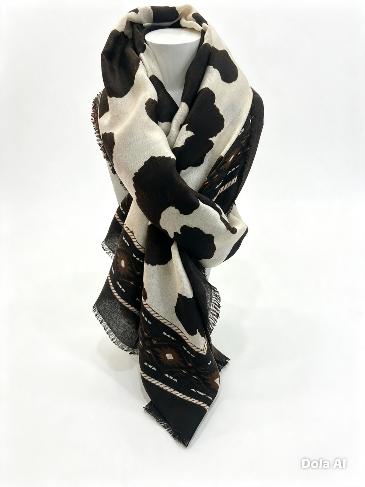 Leona Cream & Dark Cow print Brown Abstract‑Print Scarf..