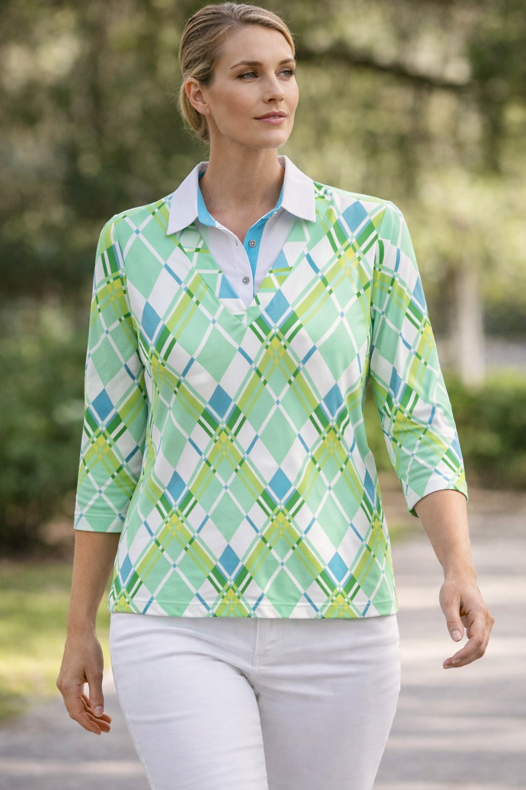 Yew Printed Collar Top – Fresh Green Mix