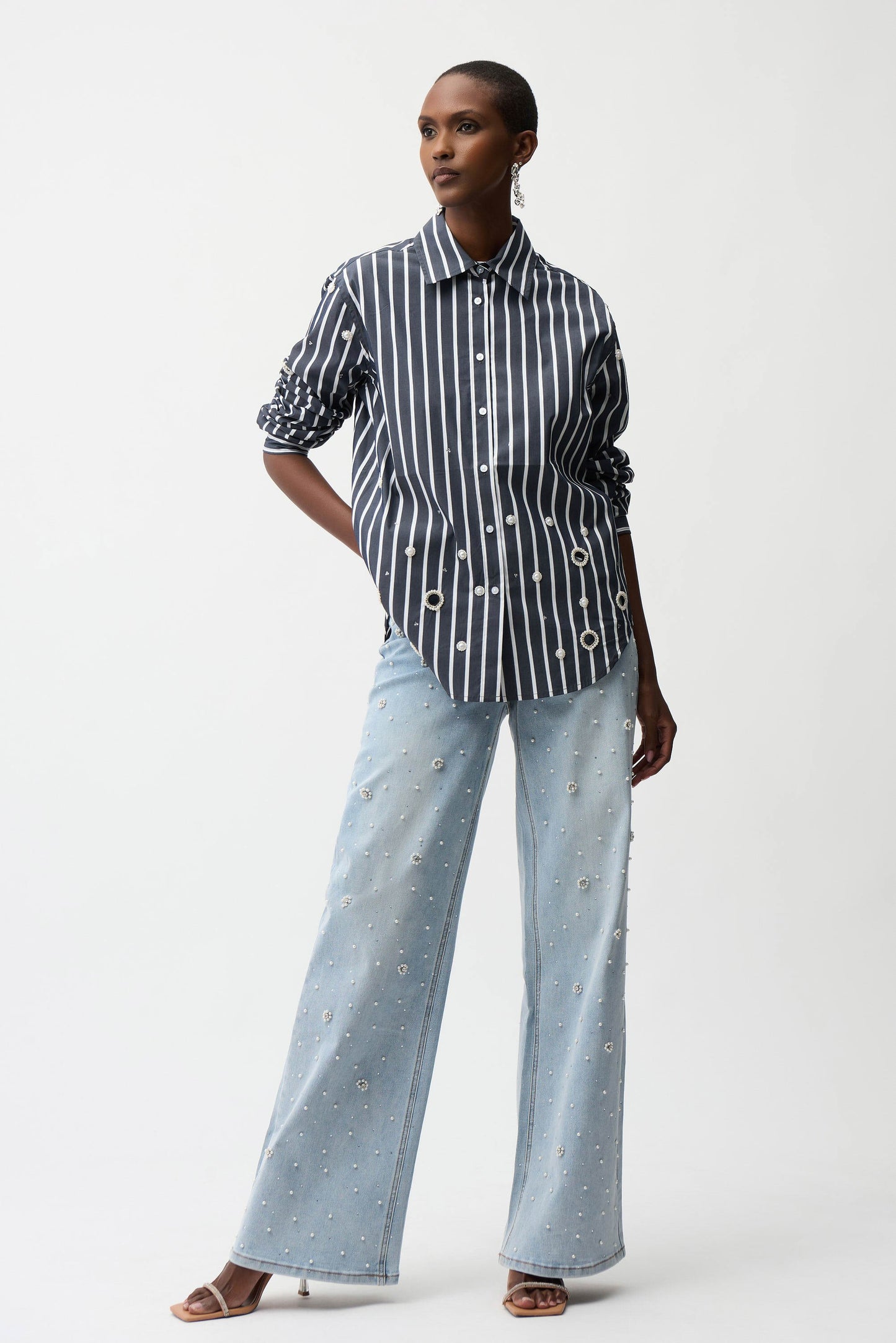 Stretch Cotton Stripe Print Boxy Blouse With Rhinestones
261966