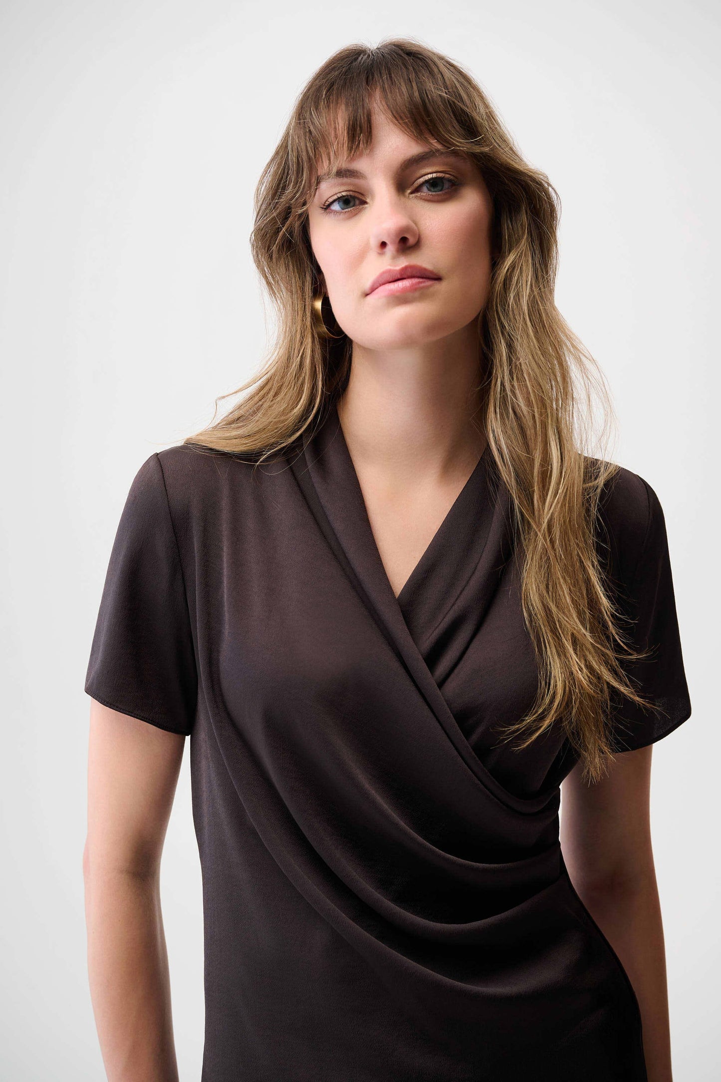 JOSEPH RIBKOFF 253237F25 Recycled Satin And Silky Knit Wrap Top in mocha
