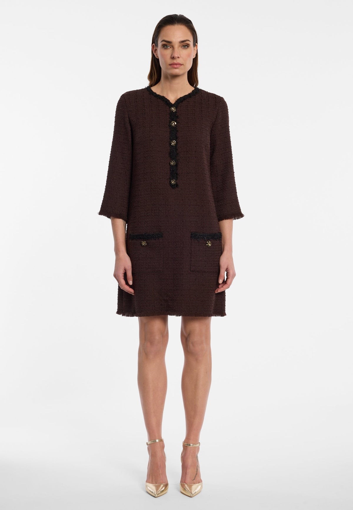 Ana Alcazar 042052 Bouclé dress with 3/4 sleeves and rhinestones