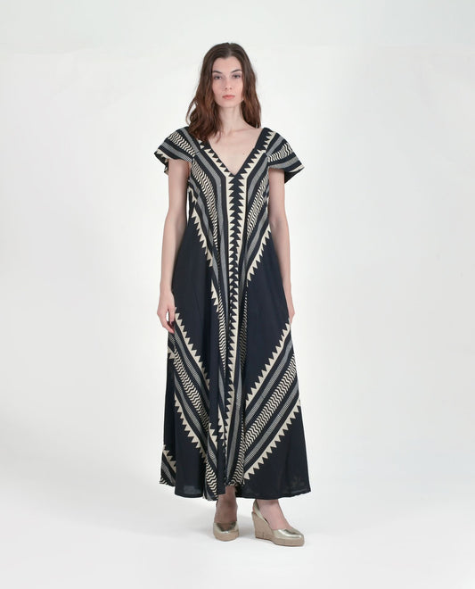 Ble 1226 Black and beige V neck Hoilday maxi dress