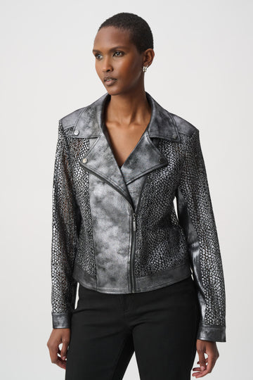 JOSEPH RIBKOFF FOILED FAUX SUEDE MOTO JACKET 262902W26