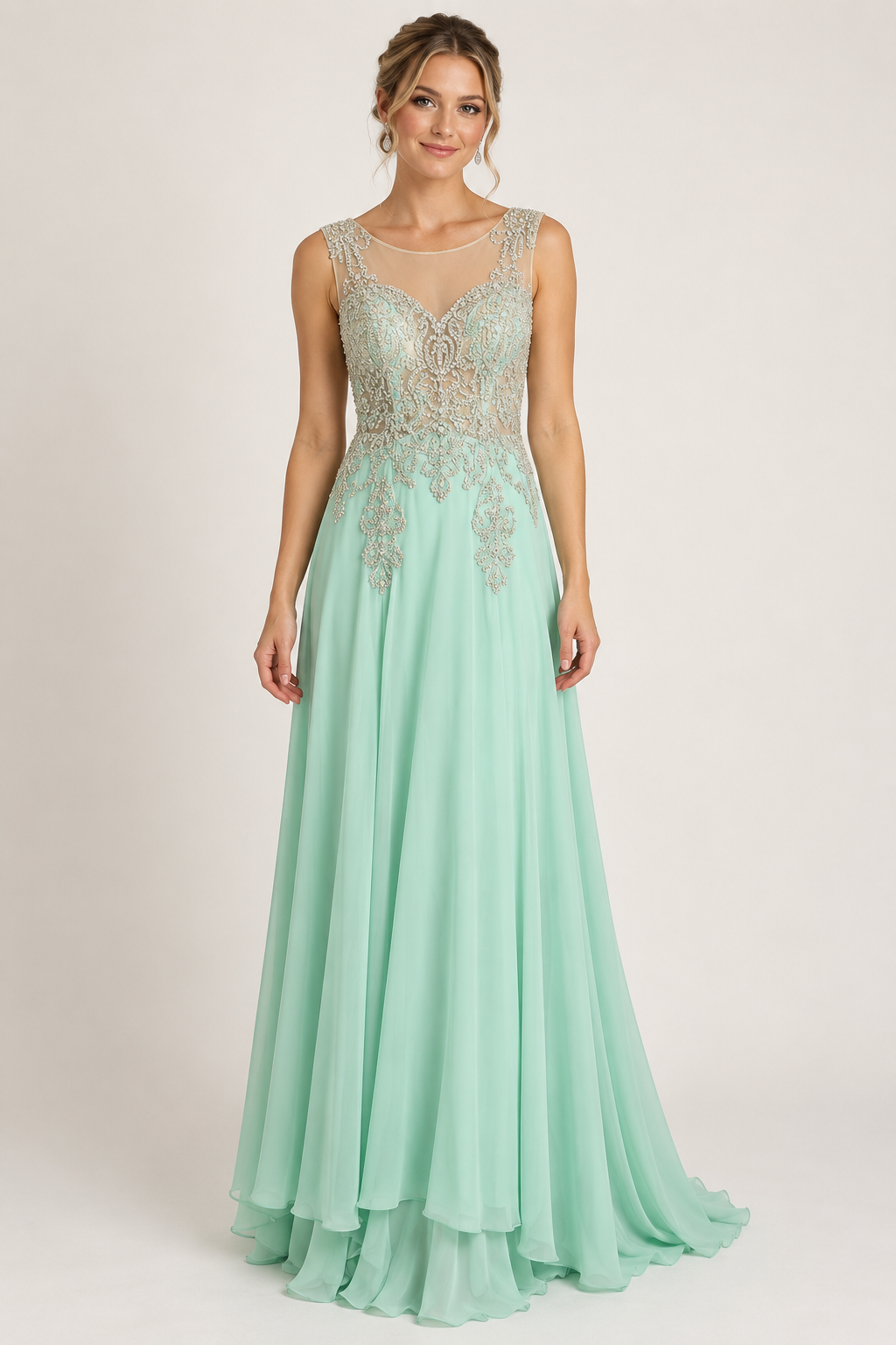Lore Mint Green Embellished Illusion Neckline Gown