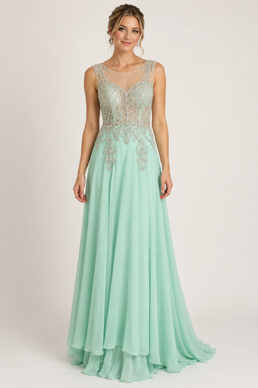 Lore Mint Green Embellished Illusion Neckline Gown